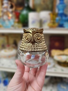 Vintage 70s Avon Gold Owl Perfume Jar Glass Container Cottagecore CLEAN